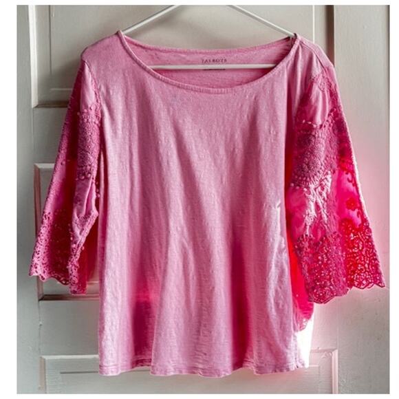 Talbots Tops - Talbots Pink Boatneck Knit Top Large 3/4 Sleeve Crochet Detail Cotton Pullover‎